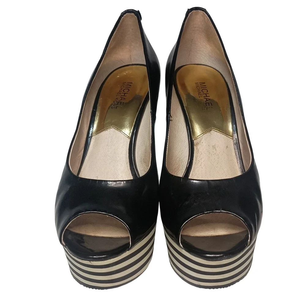 Michael Kors Adalia Peep Black Patent Leather Stripe Detail Wedge Heels SKUW669 - Picture 2 of 7